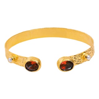 Cleopatra Ruby & Pearl Adjustable Gold Cuff Bracelet For Sale