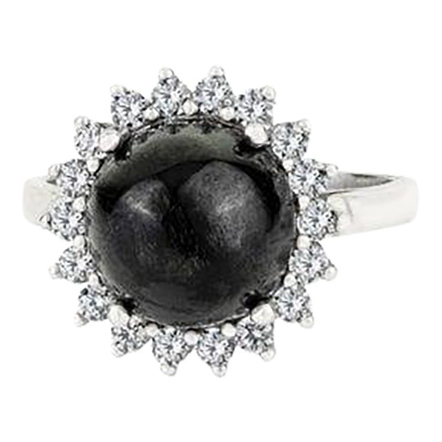 Vintage Inspired Natural Black Star & Zircon Halo Cocktail Ring Size 6 For Sale
