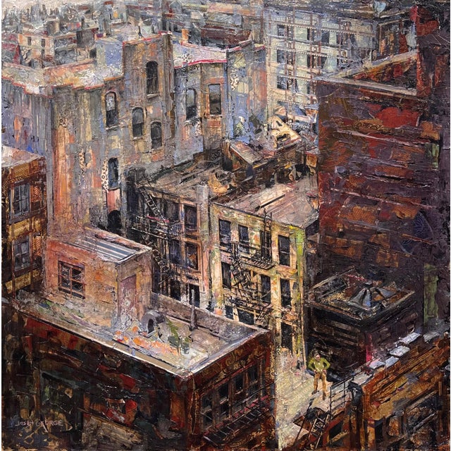 Standing in the Catbird Seat by Josh George | Mixed Media on Wood Panel Urban rooftops with buildings and power lines For Sale