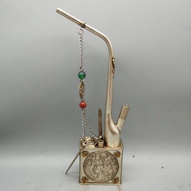 Silver Vintage Chinese Brass Water Pipe / Tobacco Pipe With Figural Relief & Chain For Sale - Image 8 of 9