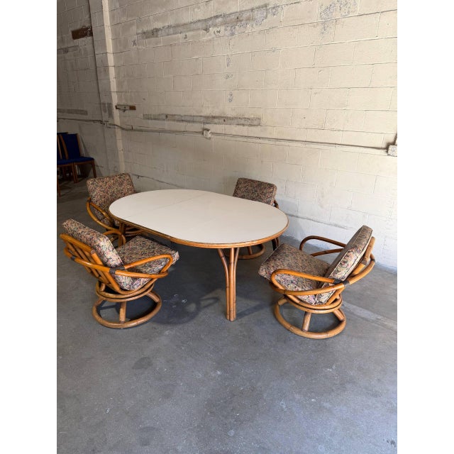 Brown Outdoor Rattan Dining Set With Extension Round Table and 4 Swivel Chairs Mid-Century Modern 1970s For Sale - Image 8 of 12