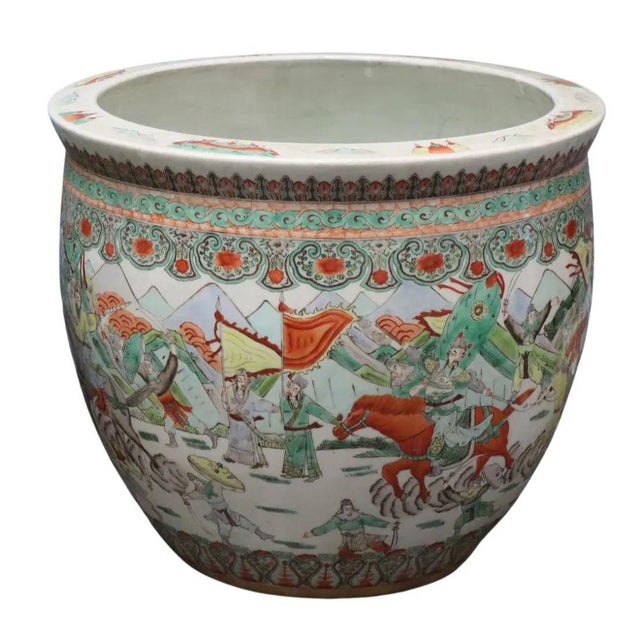 Chinese Pair of Chinese Famille Verte Large Porcealin Planters For Sale - Image 3 of 4