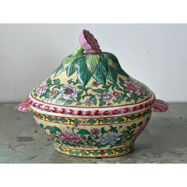 Decorative Ceramic Tureen or Oval Bowl with lid in Palm Beach style. Sculptural Lotus Flower and Raised Green Leafs...
