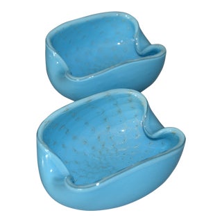 Murano Glass Blue and Gold Flecks Bowls / Catchalls - a Pair For Sale