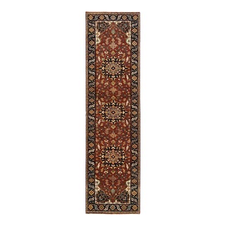 Rust Red, Antiqued Sarouk Design Re-Creation, Densely Woven Natural Dyes, Pure Wool Hand Knotted, Runner Oriental Rug For Sale