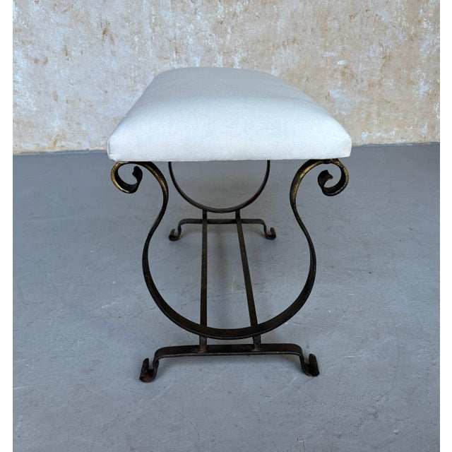 Metal Gilt Spanish Iron Bench With Lyre-Shaped Base For Sale - Image 7 of 12
