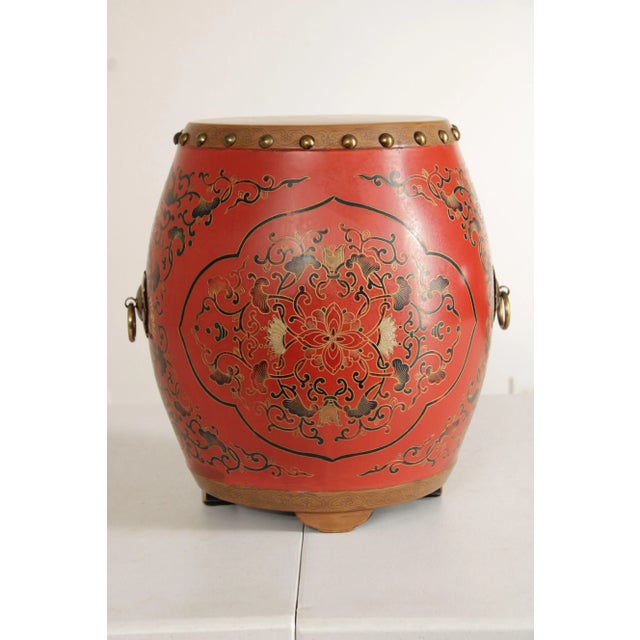 Asian Inspired Pair Hand Painted Wooden Drum Stools For Sale - Image 4 of 12