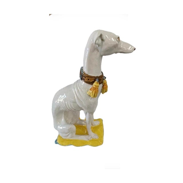 Vintage Mid Century Modern Hollywood Regency Italian Majolica Ceramic Greyhound Statue For Sale - Image 4 of 9