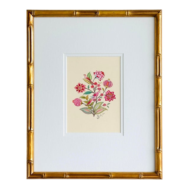 Original Hand-Painted Floral & Bird Folk Painting, Framed For Sale