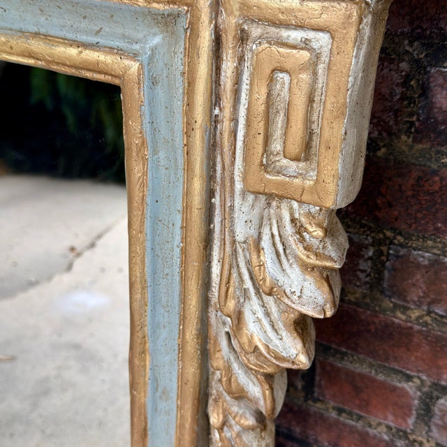 Late 20th Century Wood & Gesso Parcel Gilt Newly Painted Chambray Blue Louis XVI Wall Mirror - Mario Buatta Style For Sale - Image 13 of 16