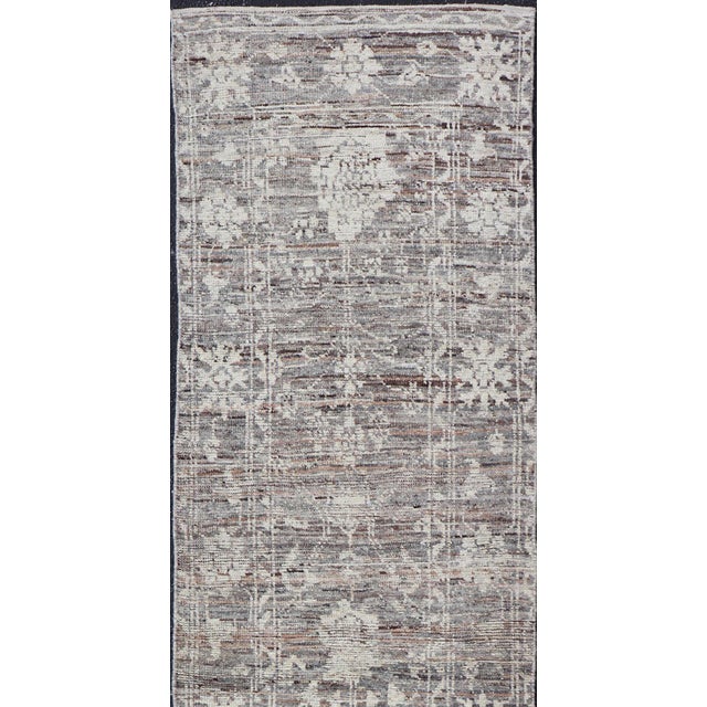 Modern Oushak Runner in Wool With Floral Design in Shades of Gray, Brown, Cream 3'0 X 12'1 For Sale In Atlanta - Image 6 of 11