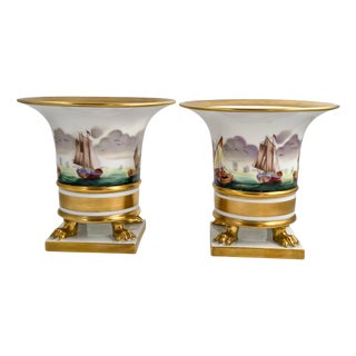 Empire Style Vit Sailing Boat Vases on Gilt Lion-Paw Feet from Herend, 1960, Set of 2 For Sale