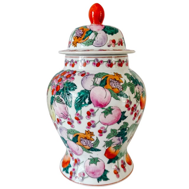 Vintage 1970s Chinese Export Porcelain Fruit Motif Temple Jars - Pair For Sale - Image 4 of 13