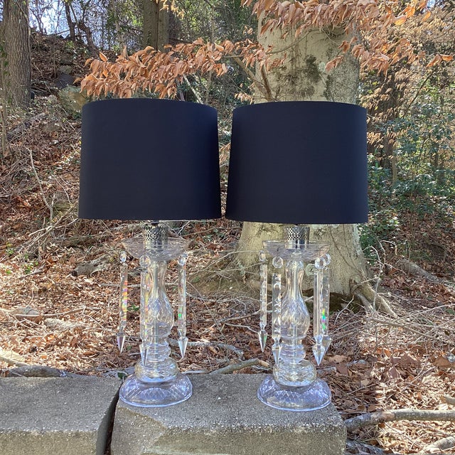 Early 20th Century Vintage Pair of Large Crystal Lamps With Silk Drum Shades - Newly Rewired For Sale - Image 5 of 8