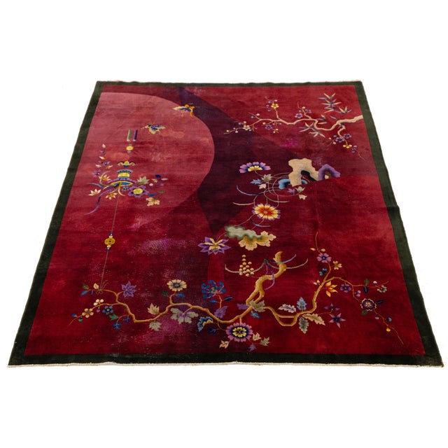 Textile Antique 1920s Chinese Art Deco Wool Rug in Rich Ruby, Plum & Magenta 9x11 For Sale - Image 7 of 13