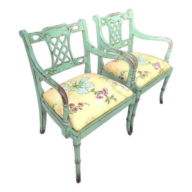 Vintage Distressed Green Brown Fretwork Upholstered Brunschwig Fils Yellow Floral Side Chairs- A Pair For Sale