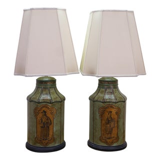 Late 20th Century Chinese Chinoiserie Green Gilt Toleware Tea Canister Caddy Banquet Lamps - a Pair For Sale