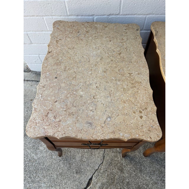 Pair of Vintage French Provincial-Style Wood End Tables or Nightstands Featuring Scalloped Stone or Marble-Style Tops and Curved Cabriole Legs For Sale In Los Angeles - Image 6 of 10