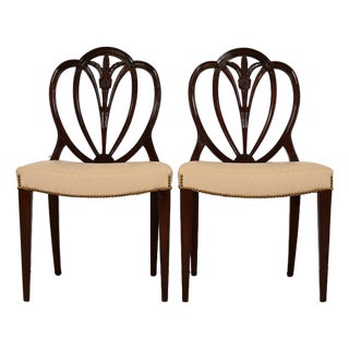 Baker Furniture Style Georgian Carved Mahogany Shield Back Side Chairs or Dining Chairs, Pair For Sale