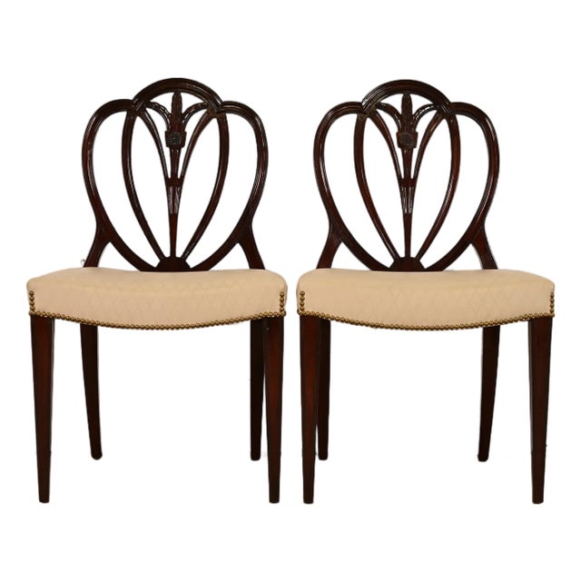 Baker Furniture Style Georgian Carved Mahogany Shield Back Side Chairs or Dining Chairs, Pair For Sale