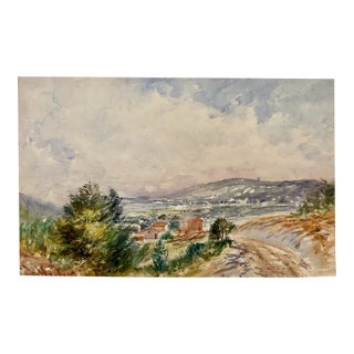 Early 20th Century Attributed to Frank Henry Mason British Landscape Original Watercolor Village Hills For Sale