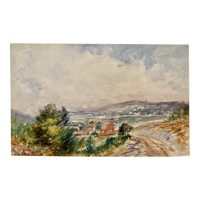 Early 20th Century Attributed to Frank Henry Mason British Landscape Original Watercolor Village Hills For Sale