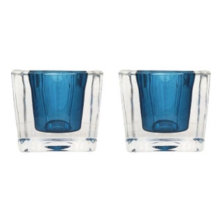 Contemporary Fitz and Floyd Navy Cube Glass Votive Holders - Set of 2 For Sale