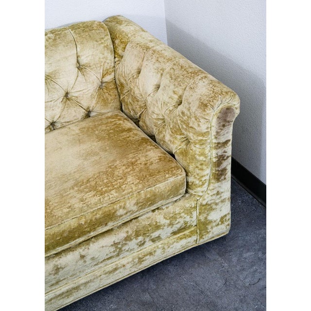 Mid Century Danish Modern Sofa Couch Green Velour 4 Seater Tufted Vintage MCM For Sale - Image 11 of 12