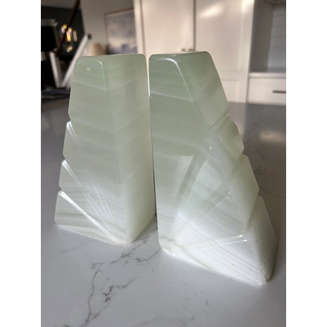 Stone Mid-Century Onyx Marble Bookends Light Green & White With Etched Sunburst Detail- a Pair For Sale - Image 7 of 10