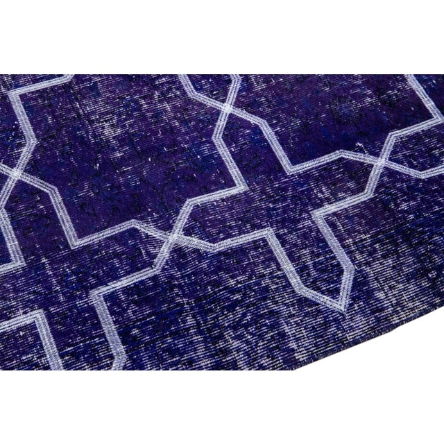 Textile Modern Blue Turkish Handmade Geometric Pattern Wool Gallery Rug For Sale - Image 7 of 11