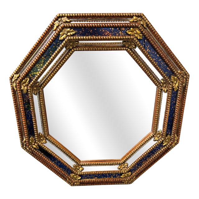 Octagonal Wall Mirror in Cobalt Blue Eglomise Glass and Gilded Wood, 1960s For Sale