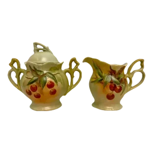 1960s Vintage Hand Painted Porcelain Creamer & Sugar With Lid Leaf Cherry Motif - Set of 2