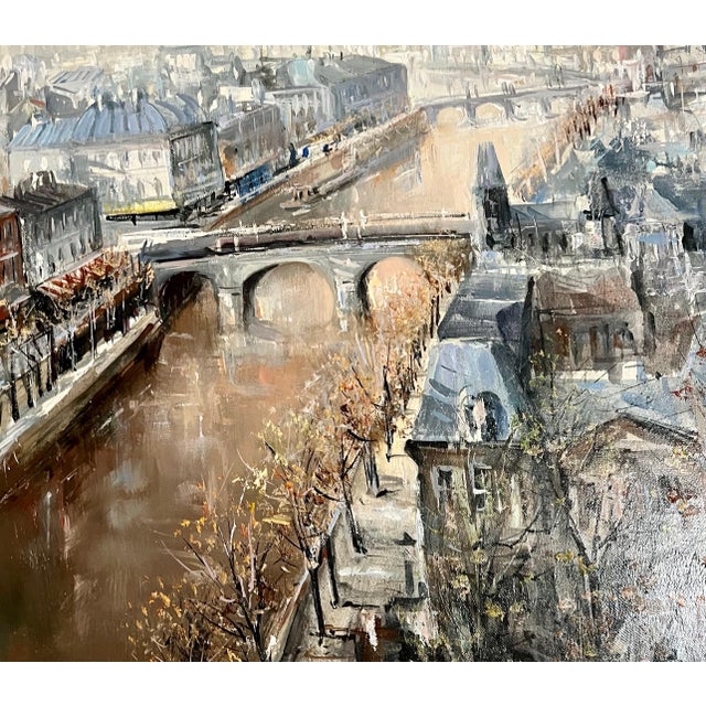 1950s Lucien DelarueLarge French Oil Painting Paris, Seine River w Bridge, Landscape, Lucien Delarue, c.1950's For Sale - Image 5 of 12