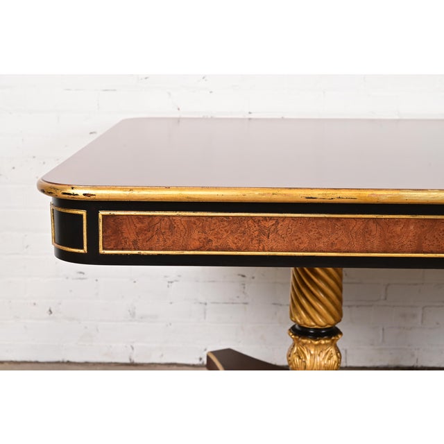 Baker Furniture Stately Homes Collection Mahogany, Burl Wood, and Parcel-Gilt Double Pedestal Extension Dining Table, Newly Restored For Sale - Image 11 of 18