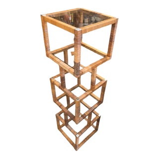 1970s Brass Rattan Wrapped Cube Square Etagere With Six Glass Shelves in the Style of Milo Baughman For Sale
