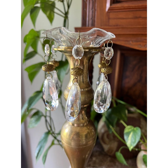 1970s Pair of Vintage Brass Candlesticks With Acrylic Bobeches and Crystals For Sale - Image 4 of 5