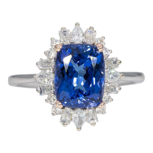 2.4Ct Tanzanite Ring With Lab Grown Diamond Halo: Solid 14k Gold, Size 6.75