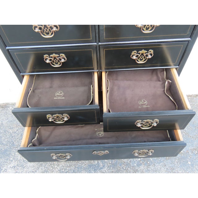 Late 20th Century Drexel Painted Black Silver Jewelry Chest Lingerie Cabinet Queen Anne Legs 6330 For Sale - Image 5 of 17