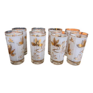 1960s Libbey Frosted Highball Glasses With Gold Leaf - Set of 8 For Sale