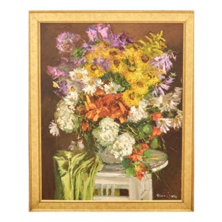 Jānis Kalnmalis, Still Life Autumn Flowers, Oil on Hardboard, Framed For Sale