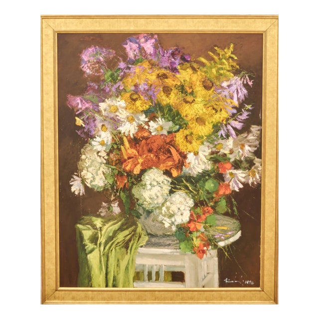 Jānis Kalnmalis, Still Life Autumn Flowers, Oil on Hardboard, Framed For Sale