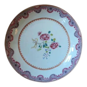 18th Century Chinese Export Porcelain Famille Rose Palette Round Low Bowl or Cake Plate