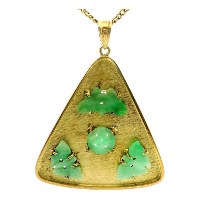 1950s Signed Larry 14k Gold Carved Jade Mid-Century Modern Pendant For Sale