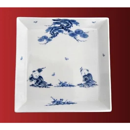 White Samurai Mikawachi Karako Hirado Blue and White Porcelain Square Dish Platter With Children Playing For Sale - Image 8 of 8