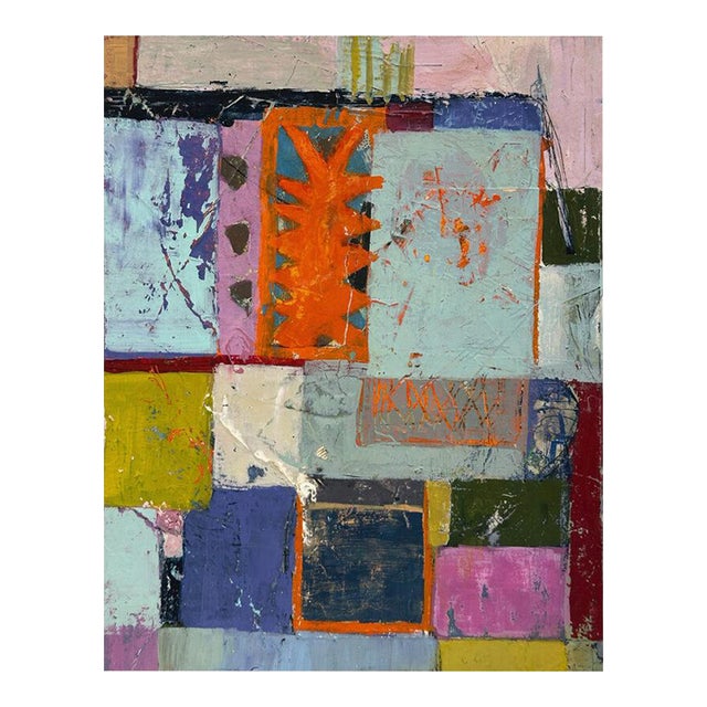 Christiane Corcelle "Friday Night Swing" Mixed Media on Cradled Board, Small Colorful Abstract Painting in Blue, Orange and Pink, 2025 For Sale