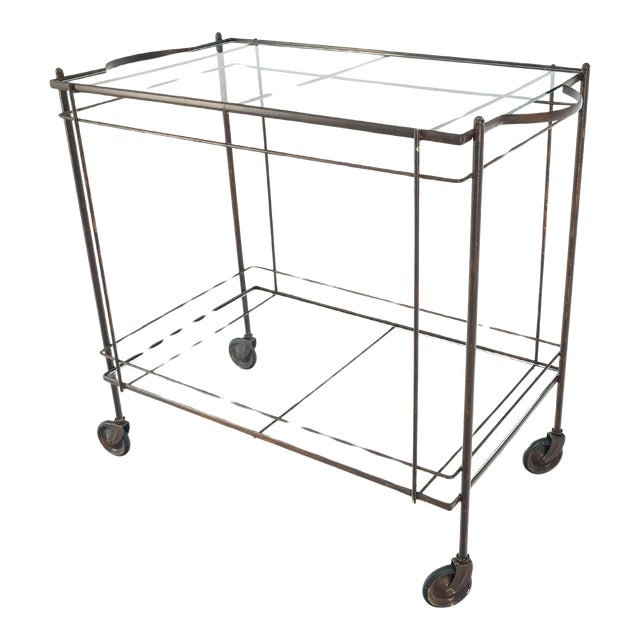 Mid Century Modern c1950s Rolling Brass Two Tier Rectangle Serving Cart Wheels For Sale