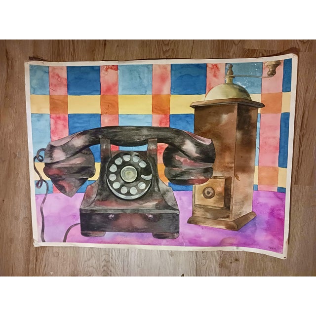 Black 1982 Modernist Telephone Watercolor Painting For Sale - Image 8 of 8