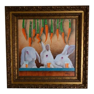 Will Bullas Original Painting of Three Rabbits at a Carrot Juice Bar, Signed and Framed For Sale