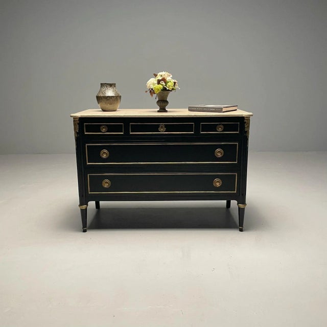 Ebony Hollywood Regency Maison Jansen Stamped Ebony Chest / Commode, Marble Top For Sale - Image 8 of 12