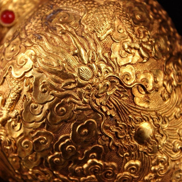 Gemstone Early 20th Century Ornate Chinese Gilt Bronze Repoussé Dragon Jar With Ruby & Emerald Accents and Cover ("Qianlong" Style) For Sale - Image 7 of 9